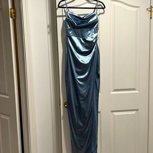 Baby blue rib corset maxi slit dress